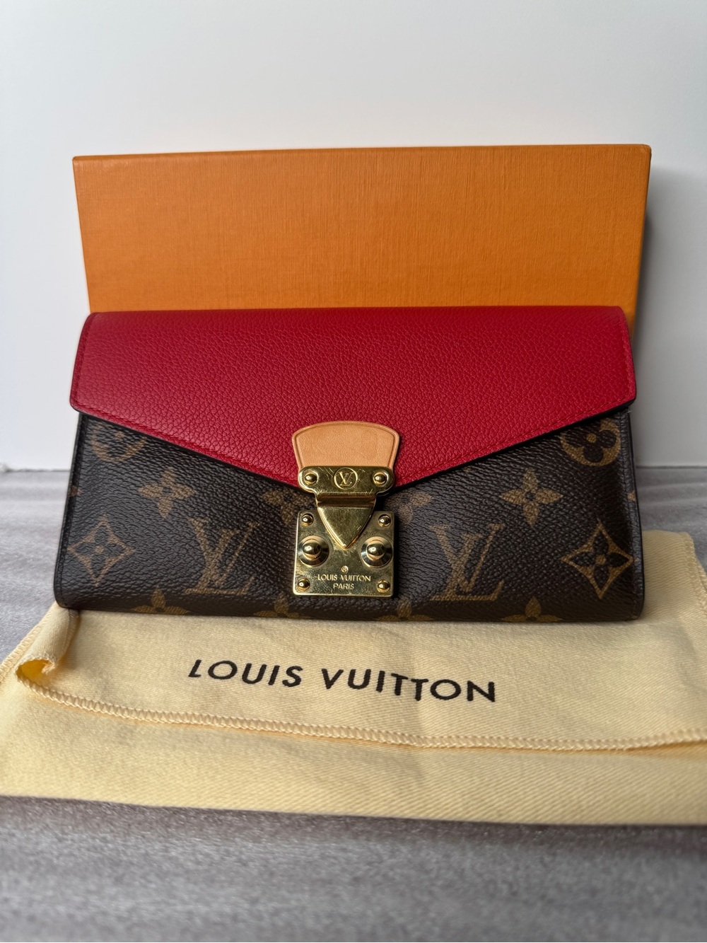 Louis Vuitton Pallas Wallet – Monogram Canvas & Red Leather